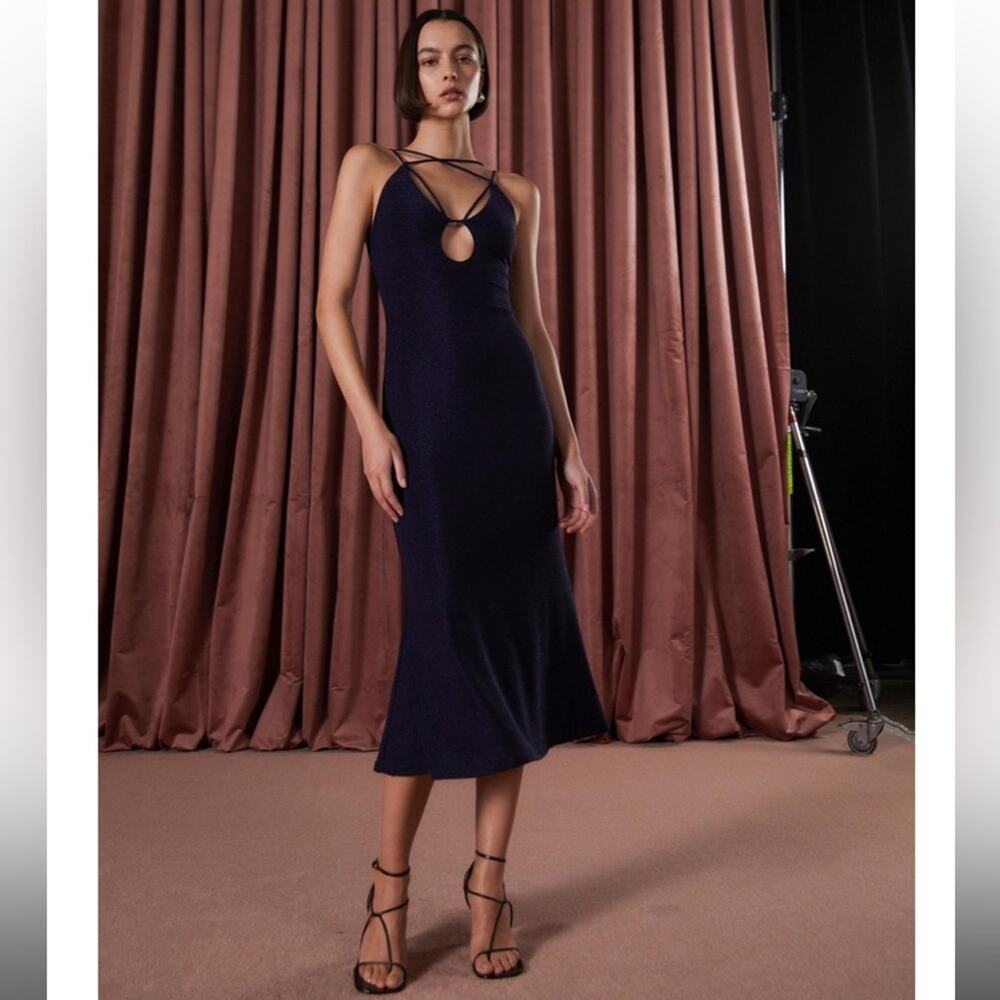 Misha Veronika Metallic Navy Black Strappy Cut Out Midi Dress 10